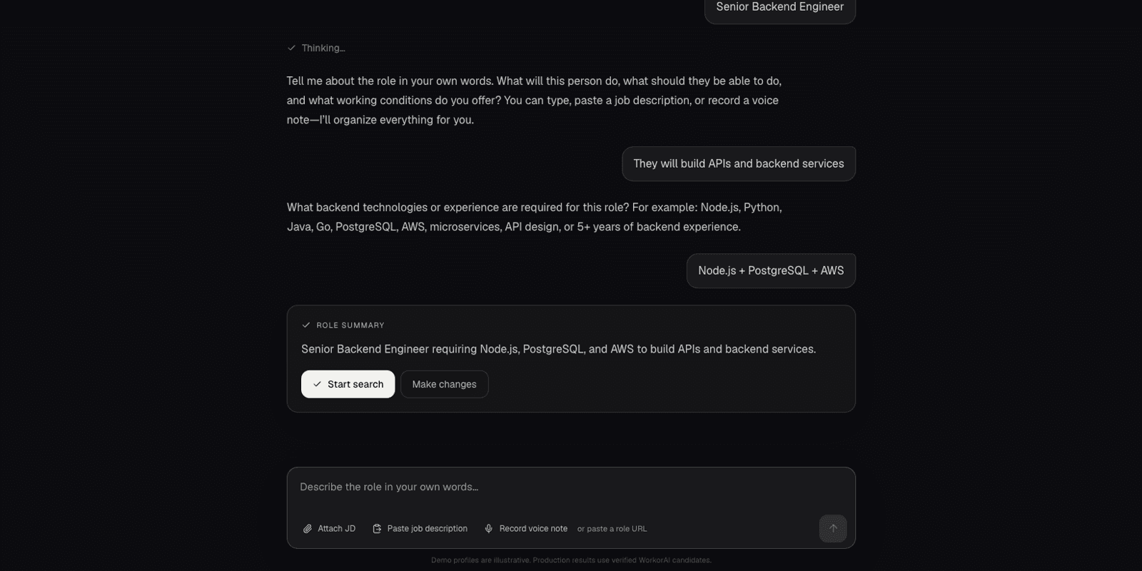 WorkorAI interface showing a structured software engineering role summary before candidate search