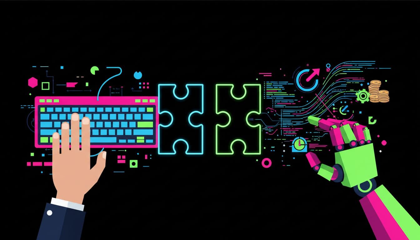 A diverse HR team collaborates with digital AI agents on laptops, reviewing structured talent profiles in a modern workspace.
